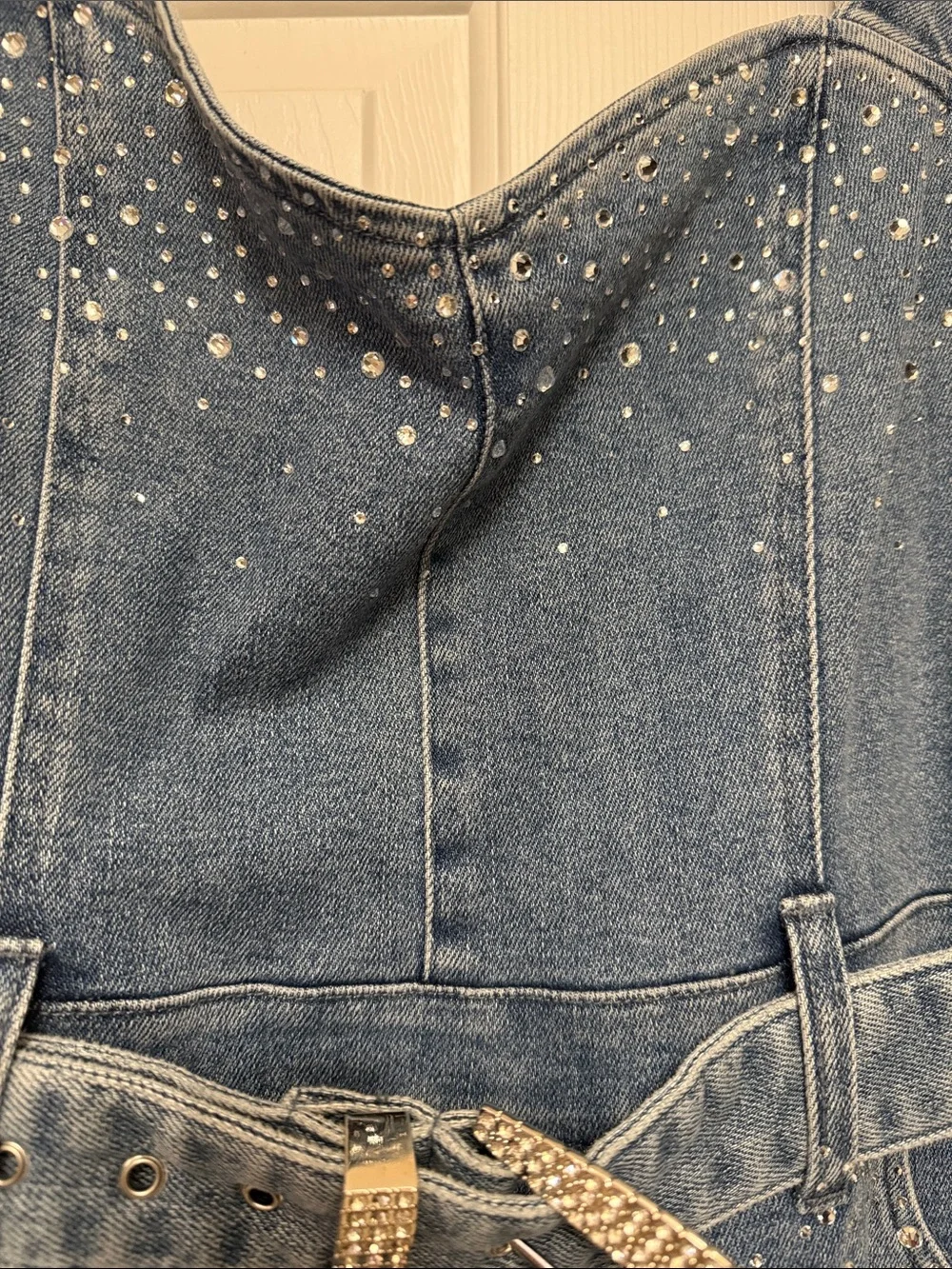 Show me your mummu Rhinestone Detail Denim Jumpsuit with Belt- Blue - Picture 3 of 6